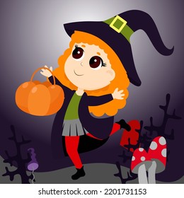 A little red-haired witch cheerfully runs with a basket of pumpkins for sweets against the backdrop of bushes and fly agaric mushrooms. Halloween character in cartoon style for theme design.