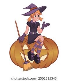 Little red-haired witch in purple clothes sitting on a Halloween pumpkin.