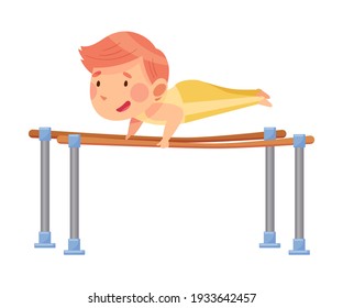 Little Redhead Boy Doing Gymnastics on Parallel Bars Vector Illustration