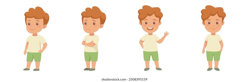 Little Redhead Boy em Green Shorts com rosto diferente Emoção e gesto Vetor Set