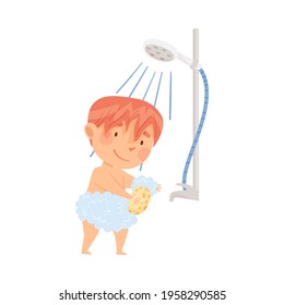 Little Redhead Boy Having Shower in Bathroom Washing with Shower Puff and Soap Vector Illustration
