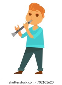 Little redhead boy plays flute isolated cartoon illustration