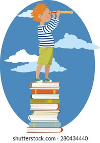 Little redhead boy in a sailor's shirt standing on a pile of books, looking through a telescope, vector illustration, no transparencies, EPS 8