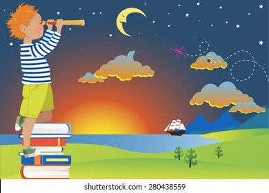 Little redhead boy in a sailor's shirt standing on a pile of books, looking in a telescope at a fairy-tale landscape, vector illustration, no transparencies, EPS 8