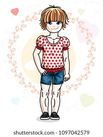 Little redhead cute child in wearing different casual clothes and standing on colorful backdrop with hearts. Vector illustration of nice girl.