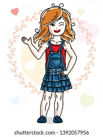 Little redhead cute child in wearing different casual clothes and standing on colorful backdrop with hearts. Vector illustration of nice girl.