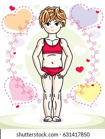 Little redhead cute child in wearing different casual clothes and standing on colorful backdrop with hearts. Vector illustration of nice girl.