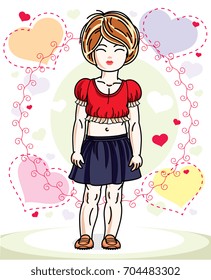 Little redhead cute child in wearing different casual clothes and standing on colorful backdrop with hearts. Vector illustration of nice girl.