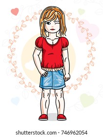 Little redhead cute child in wearing different casual clothes and standing on colorful backdrop with hearts. Vector illustration of nice girl.