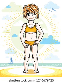 Little redhead girl cute child toddler standing on beach in colorful swimsuit. Vector pretty nice human illustration. Summertime and vacation theme.