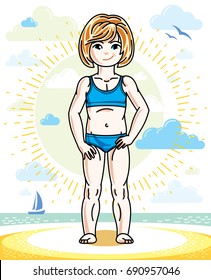 Little redhead girl cute child toddler standing on beach in colorful swimsuit. Vector pretty nice human illustration. Summertime and vacation theme.
