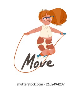 Little Redhead Girl in Glasses Moving Skipping Rope as Verb Expressing Action for Kids Education Vector Illustration