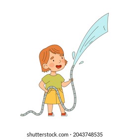 Little Redhead Girl with Hose Watering Taking Care of Plant and Vegetation Vector Illustration