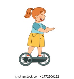 Little Redhead Girl with Ponytail Driving Hoverboard or Self-balancing Scooter Enjoying Outdoor Activity Vector Illustration