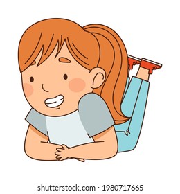 Little Redhead Girl with Ponytail Lying and Looking at Something with Interest Vector Illustration