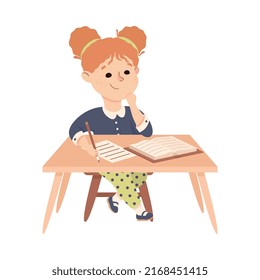 Little Redhead Girl Pupil Sitting at Table with Book Engaged in Elementary Education Vector Illustration