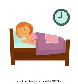 Kleines Rotkopfmädchen schläft im Bett, einzelne Illustration