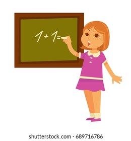 Little redhead girl solves mathematical example at chalkboard