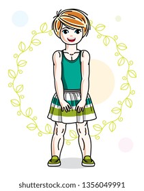 Little redhead girl toddler in fashionable casual clothes posing on green eco background. Vector illustration of kid standing. 