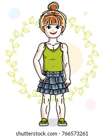 Little redhead girl toddler in fashionable casual clothes posing on green eco background. Vector illustration of kid standing. 