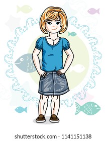 Little redhead girl toddler standing in fashionable casual clothes. Vector kid illustration. Sea fauna theme.