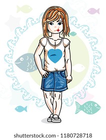 Little redhead girl toddler standing in fashionable casual clothes. Vector kid illustration. Sea fauna theme.