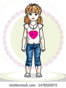 Little redhead girl toddler standing in fashionable casual clothes. Vector kid illustration. 