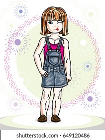 Little redhead girl toddler standing in fashionable casual clothes. Vector kid illustration. 