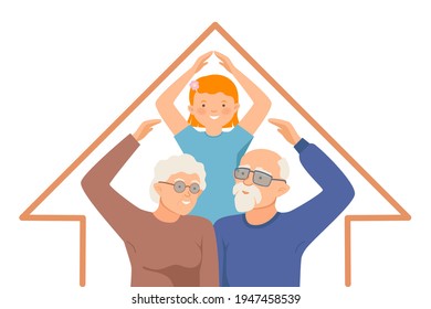 Little Redhead Granddaughter Protecting Her Grandparents Showing Home Roof with Hands Vector Illustration