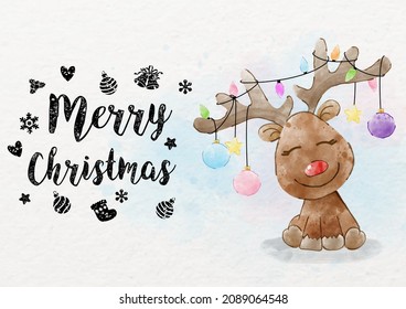 Little reindeer with colorful Christmas balls in cartoon character and watercolors style and Merry Christmas letters on watercolor and white paper pattern background. Christmas greeting card in vector