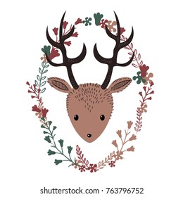 Little reindeer surrounded by flowers with Christmas theme/colors 