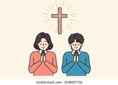 Little religious kids near cross in church pray to God feel superstitious. Small children believers with prayer hands show faith and religion. Superstition and high power. Vector illustration. 