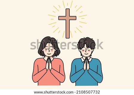Little religious kids near cross in church pray to God feel superstitious. Small children believers with prayer hands show faith and religion. Superstition and high power. Vector illustration. 