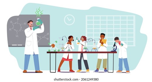 Little Researchers Conduct Experiment in Chemistry Class. Schoolkids Characters on Lesson in Classroom with Teacher Conducting Chemical Experiment with Equipment. Cartoon People Vector Illustration