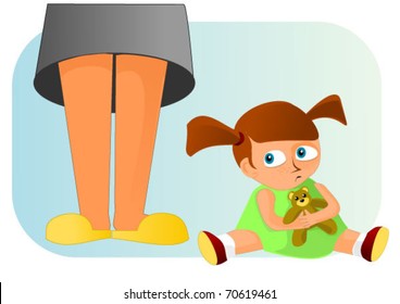 Little resentful girl sitting in front of mother