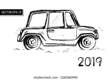 Little retro card. Cozy Car. Hand-drawn black and white Vector illustration. Eps 10