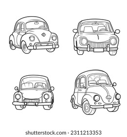 Little retro cars set for coloring book. Vector illustration isolated on white background