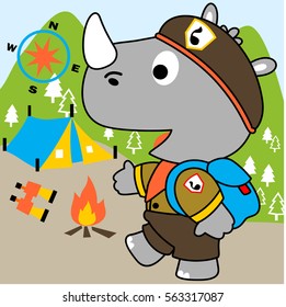 Little rhino in scout uniform with camping elements, vector cartoon illustration