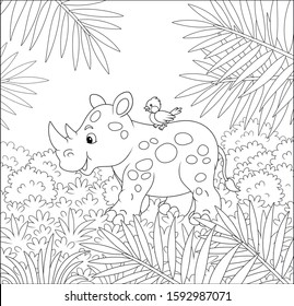 Little rhinoceros with a small bird walking through summer tropical jungle, black and white vector cartoon illustration for a coloring book page