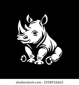 Little rhinoceros with a small bird walking through summer tropical jungle, black and white vector cartoon illustration for a coloring book page