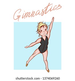 little rhythmic gymnastics, in a black bathing suit, hand lettering, vector illustration