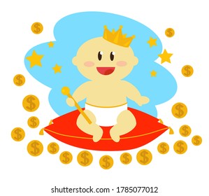 Little rich kid and money. Vector illustration.