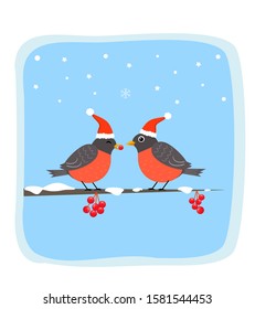 Little robin bird with Santa Claus hat, tree branch and snow on winter background. Vector illustration