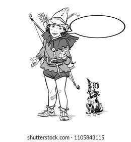 Little Robin Hood and a dog. Boy and his dog. Robin Hood childhood. Child Robin Hood. Medieval legends. Heroes of medieval legends.