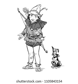 Little Robin Hood and a dog. Boy and his dog. Robin Hood childhood. Child Robin Hood. Medieval legends. Heroes of medieval legends.