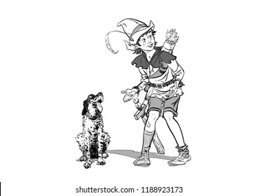 Little Robin Hood and a dog. Boy and his dog. Robin Hood childhood. Child Robin Hood. Medieval legends. Heroes of medieval legends.