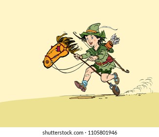 Little Robin Hood riding toy horse. Robin Hood childhood. Child Robin Hood. Medieval legends. Heroes of medieval legends.
