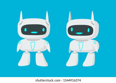 Little robot, chat bot, robot assistance flat vector illustration. The concept of digital advisor, cyborg operator, chatterbox. Replacement of human labor, automation of support services.