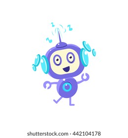 Little Robot Dancing Flat Childish Cartoon Style Vector Drawing Isolated On White Background
