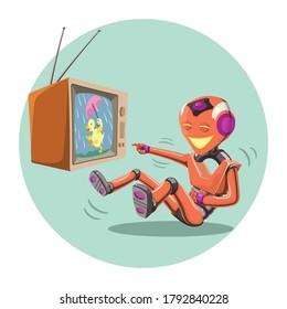 A little robot laughs watching cartoon animation on television